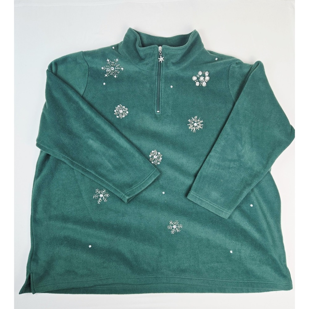 Womens Quacker Factory shirt sz 3X green zip up fleece snowflake rhinestone